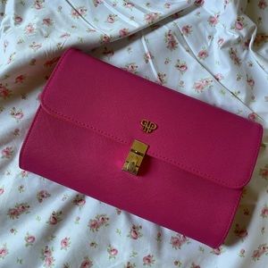 Pink and orange convertible clutch + cross body bag